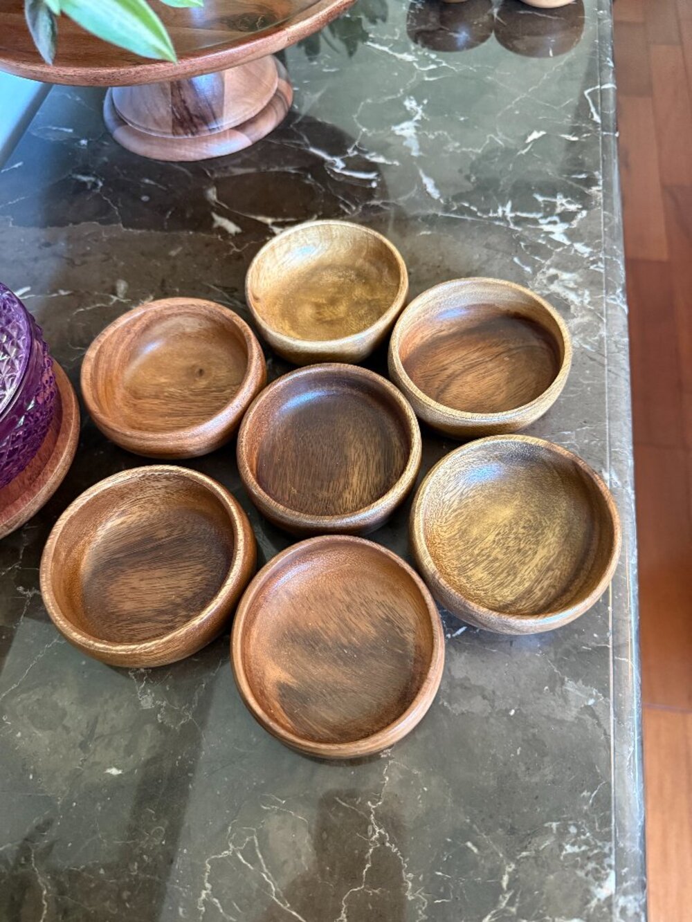 7 piece Acacia Wood Bowls Mini Dipping Bowls Appetizer Plates, Small Wooden Bowl